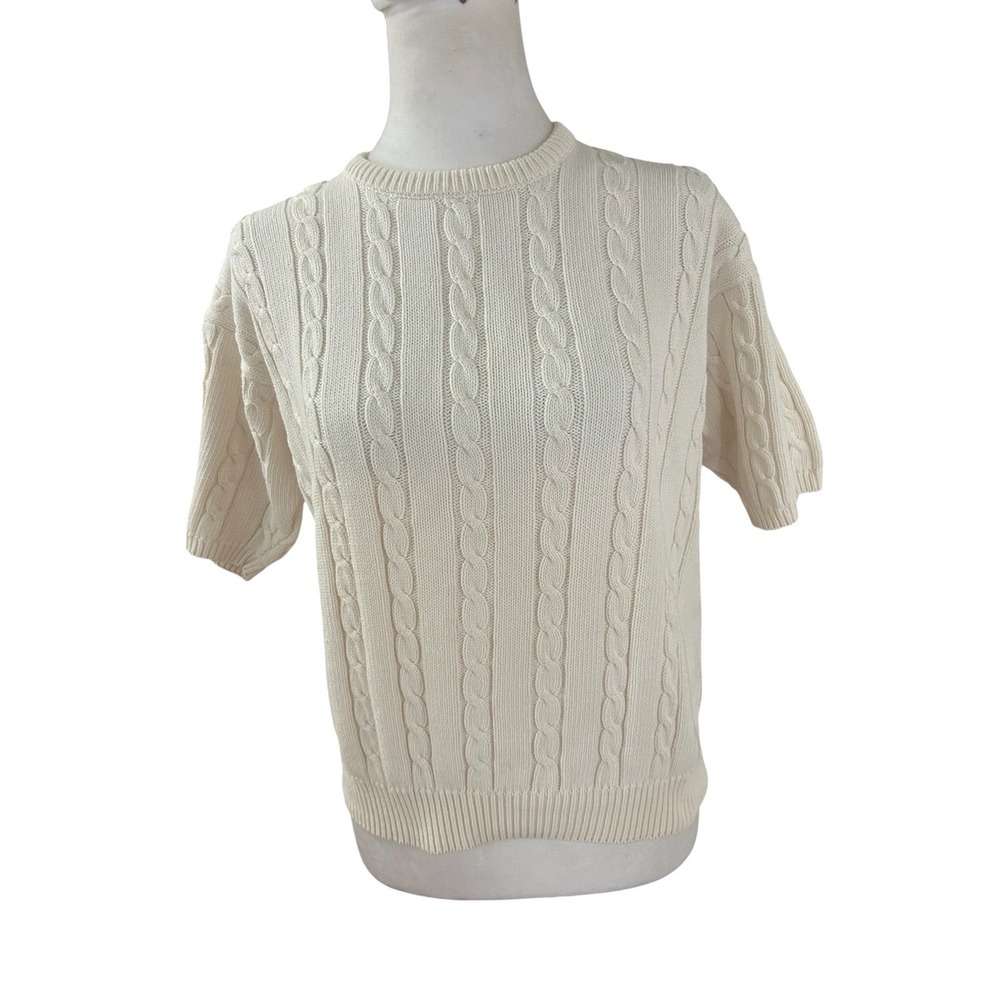 Greenwich Vintage White Cable Knit Cotton Sweater Short Sleeve SZ L